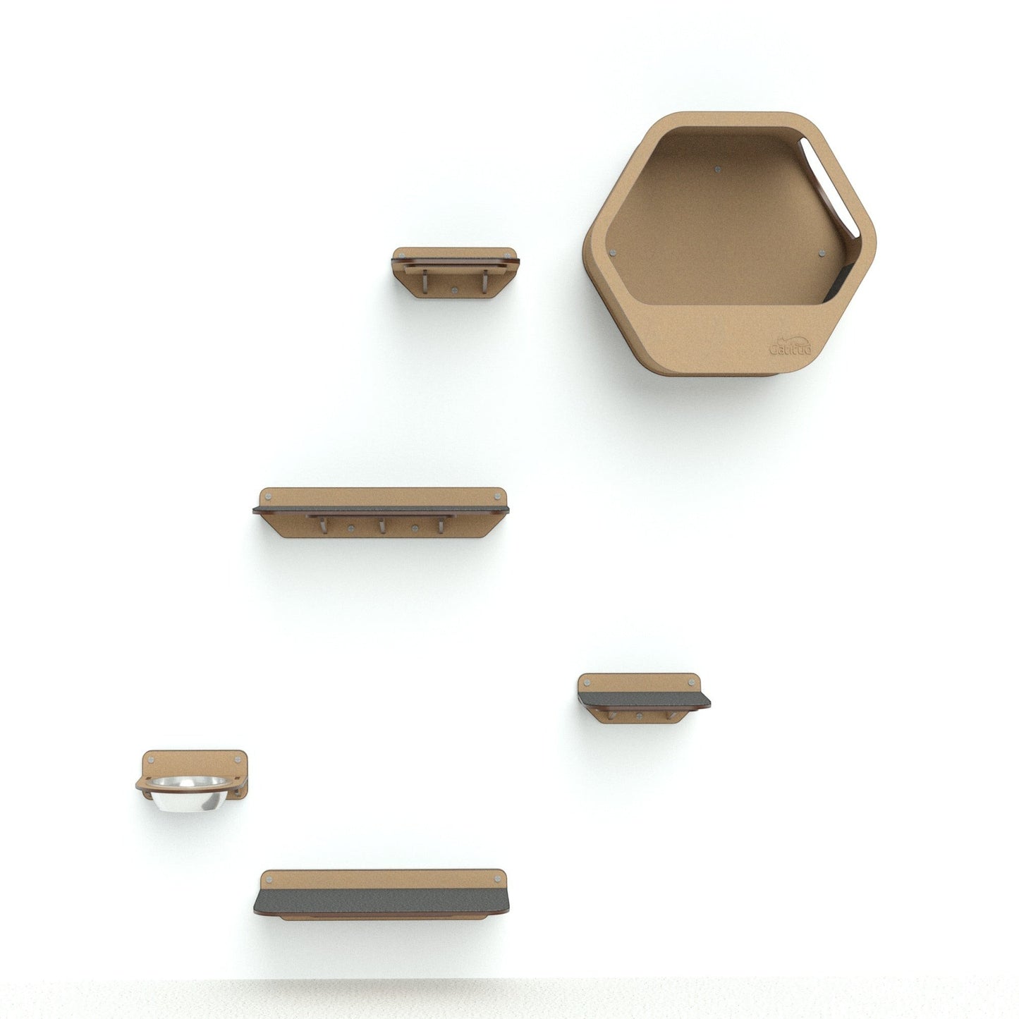 Gimnasio de pared Gatitud Store Combo B con plataformas de madera MDF, comedero y cueva para gatos activos.