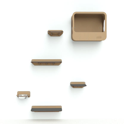Gimnasio de pared Gatitud Store COMBO B con plataformas de madera MDF, comedero y cueva para gatos activos.