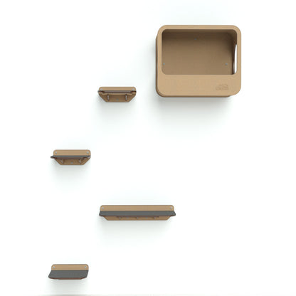 Gimnasio de pared para gatos Gatitud Store con estantes modulares de madera MDF y cueva elevada para refugio felino