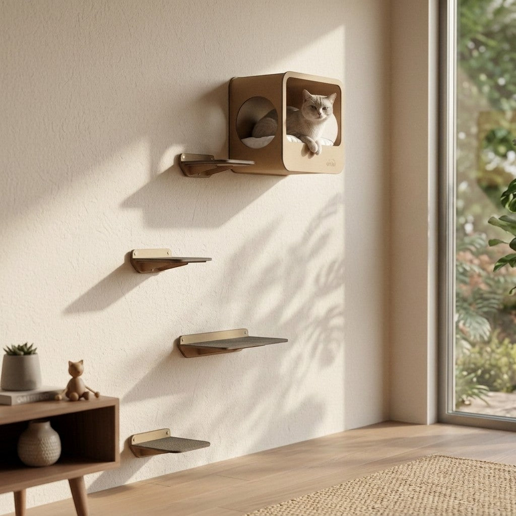 Gimnasio de pared Gatitud Store para gatos con estantes modulares de madera MDF y cueva elevada con gato descansando