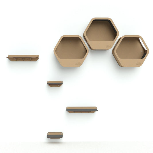 Gimnasio de pared Gatitud Store modelo COMBO C con repisas y hexágonos de madera MDF para gatos activos.