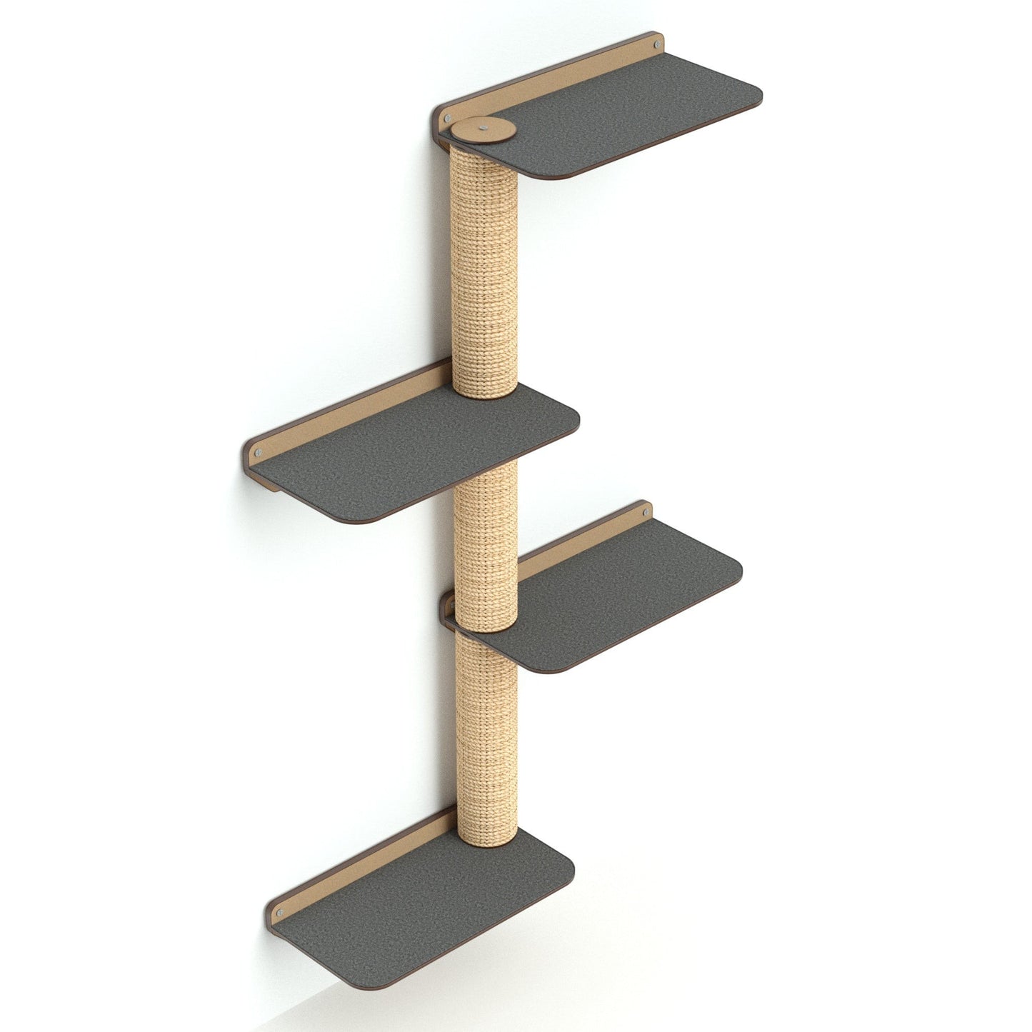 Gimnasio de pared Gatitud Store para gatos con plataformas de madera MDF gris y tubos rascadores de cabuya natural