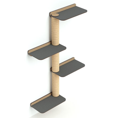 Gimnasio de pared Gatitud Store para gatos con plataformas de madera MDF gris y tubos rascadores de cabuya natural