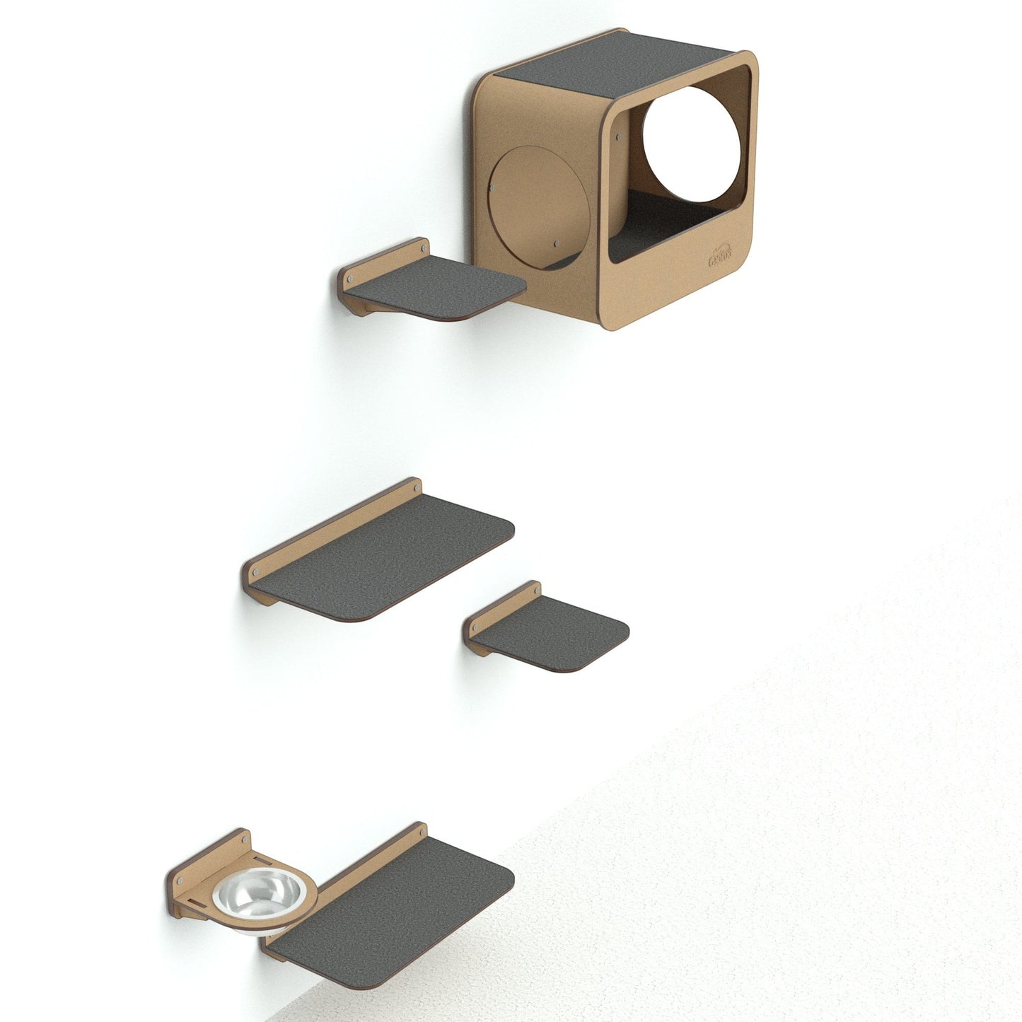 Gimnasio de pared Gatitud Store COMBO B con plataformas de madera MDF, comedero y cueva para gatos activos.