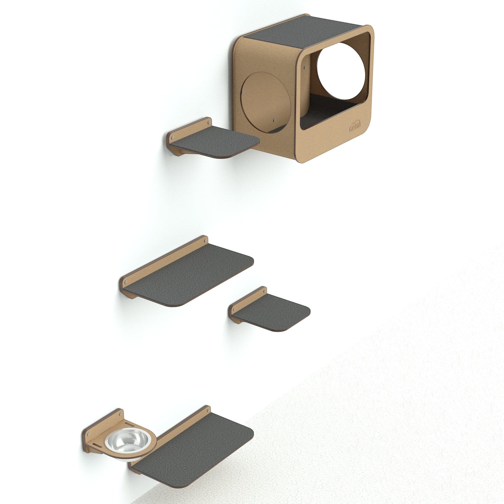 Gimnasio de pared Gatitud Store COMBO B con plataformas de madera MDF, comedero y cueva para gatos activos.