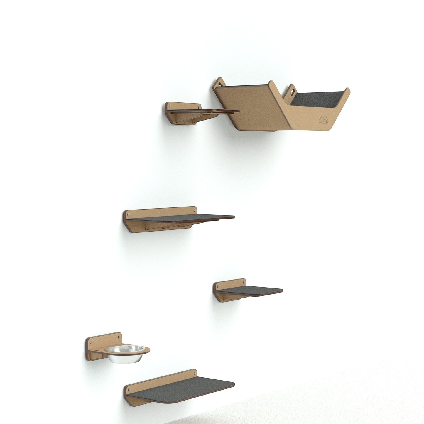 Gimnasio de pared Gatitud Store COMBO B con plataformas de madera MDF, comedero y hamaca para gatos activos.