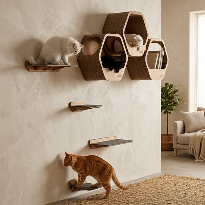 Gimnasio de pared Gatitud Store para gatos con repisas hexagonales de madera MDF y gatos jugando en el circuito