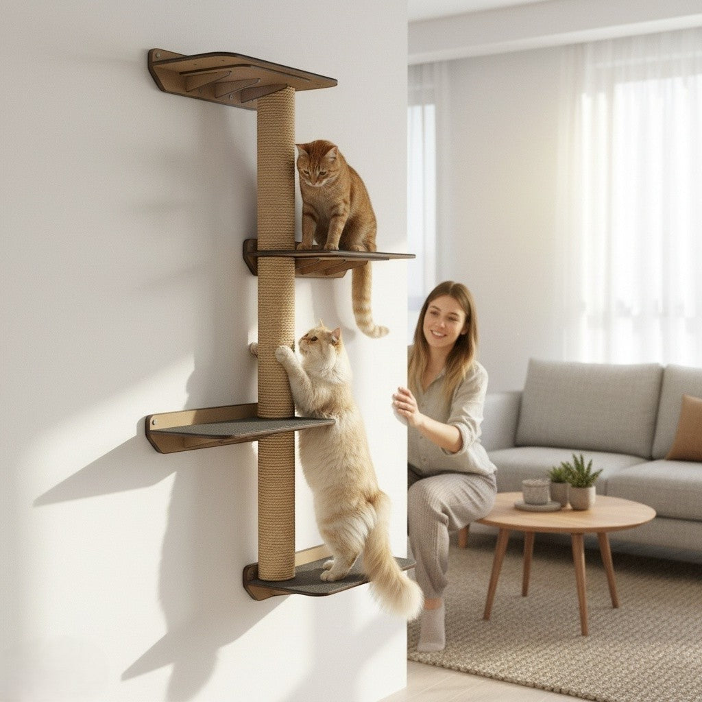 Gimnasio de pared Gatitud Store para gatos con plataformas de madera y rascadores de cabuya natural en uso