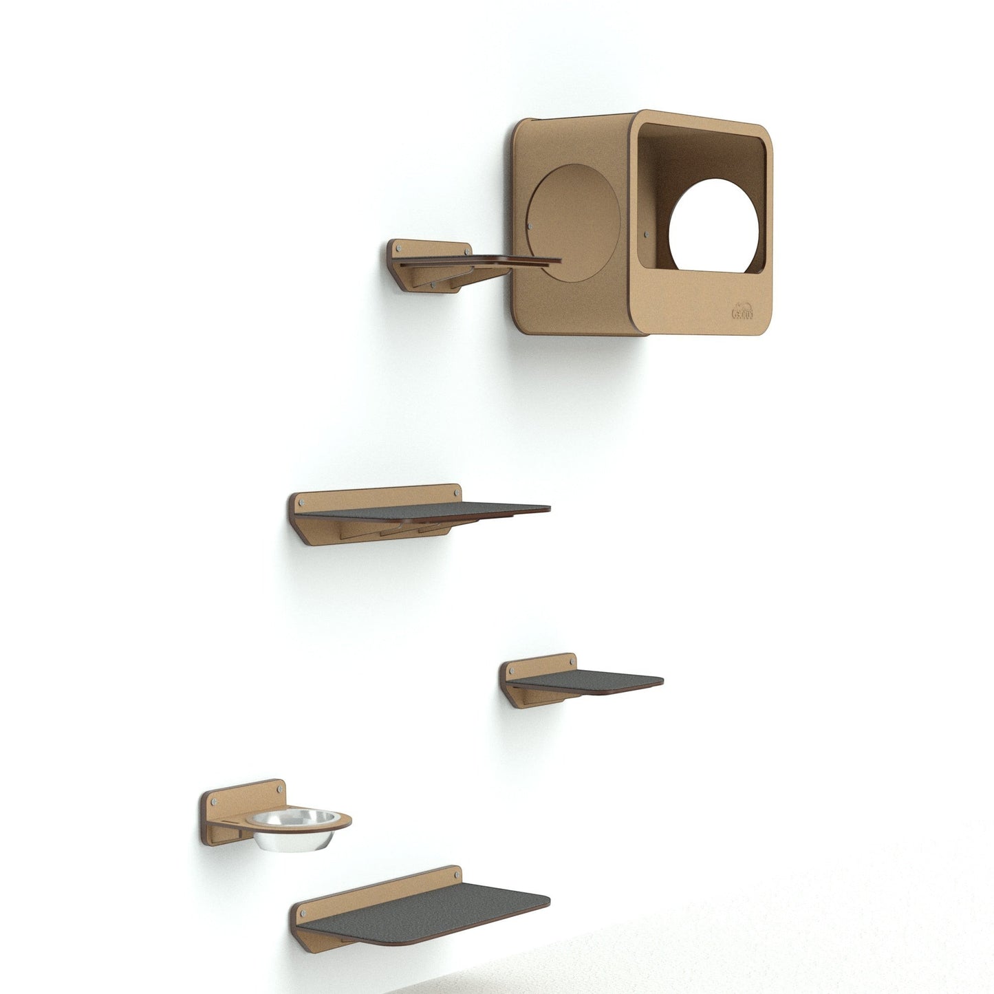 Gimnasio de pared Gatitud Store Combo B con plataformas de madera MDF, comedero y cueva para gatos activos.