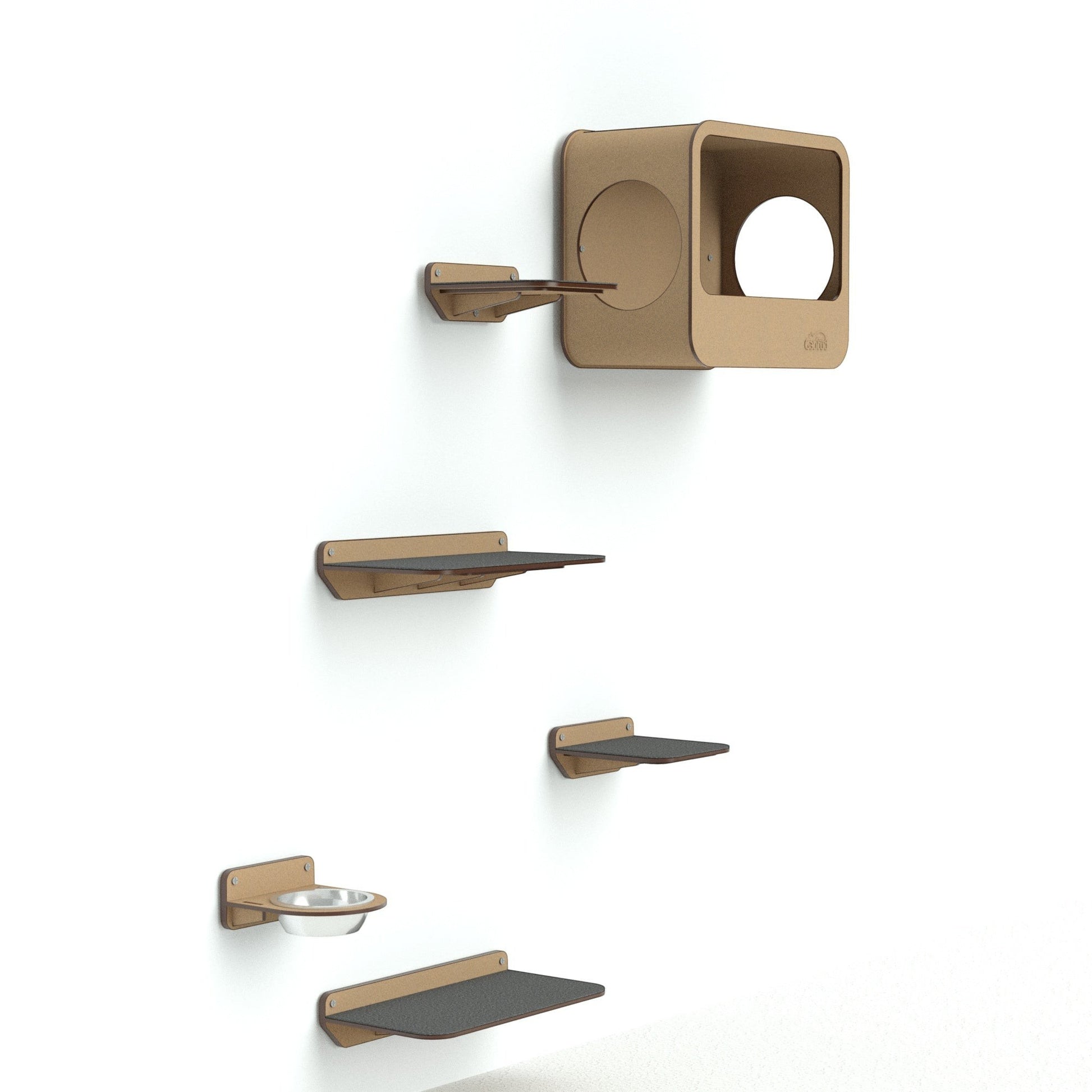 Gimnasio de pared Gatitud Store Combo B con plataformas de madera MDF, comedero y cueva para gatos activos.