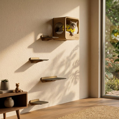 Gimnasio de pared Gatitud Store con cueva y estantes de madera MDF para gatos en una sala iluminada
