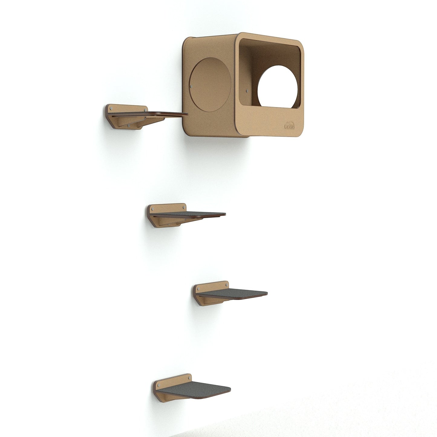 Gimnasio de pared Gatitud Store para gatos con cuatro peldaños de madera MDF y una cueva de descanso elevada.