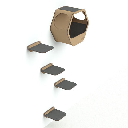 Gimnasio de pared Gatitud Store Combo A con cuatro peldaños de madera MDF y una cueva hexagonal para gatos