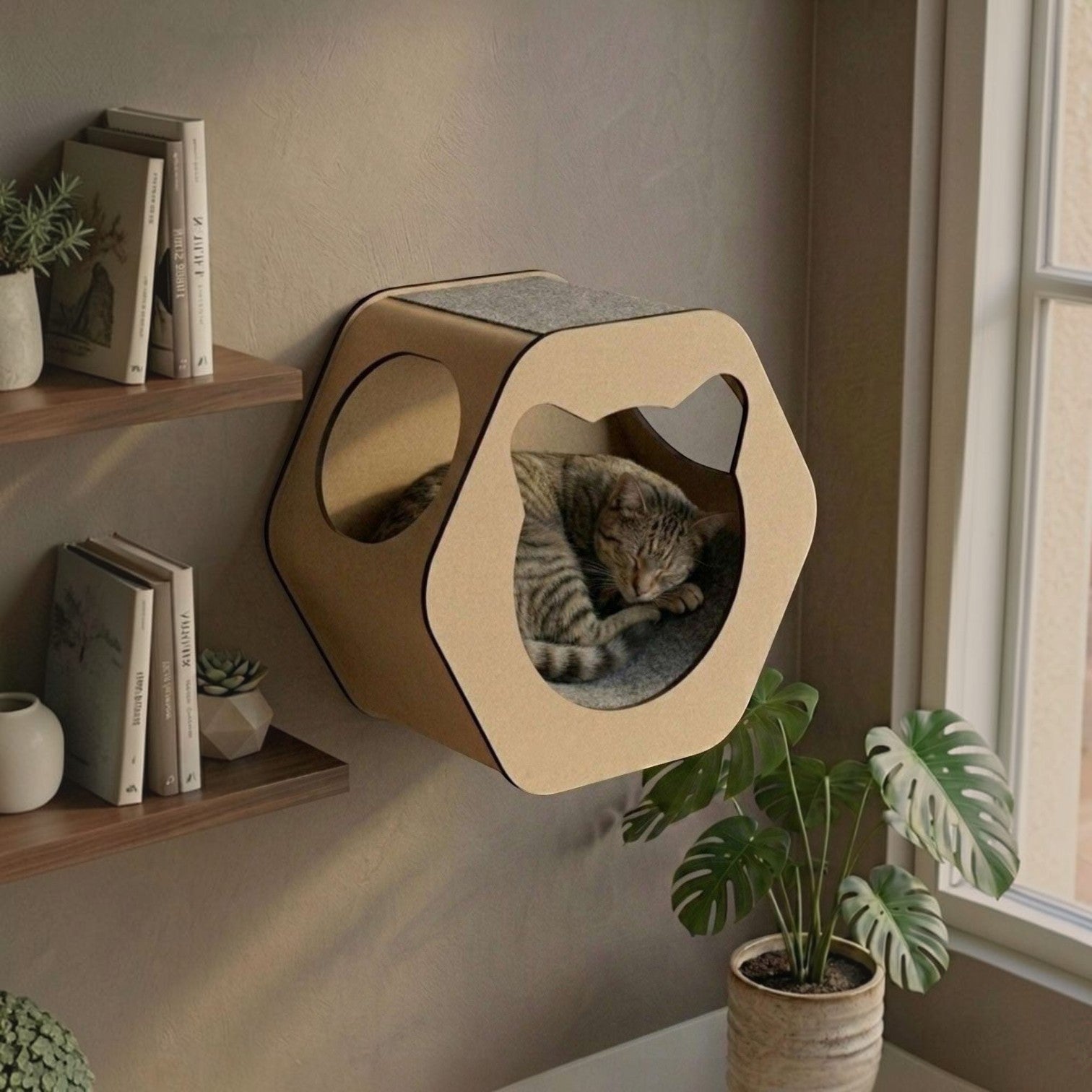Cueva A Hexagonal para Gatos — Fijación a Pared Madera MDF — Fijación a pared | Gatitud Colombia