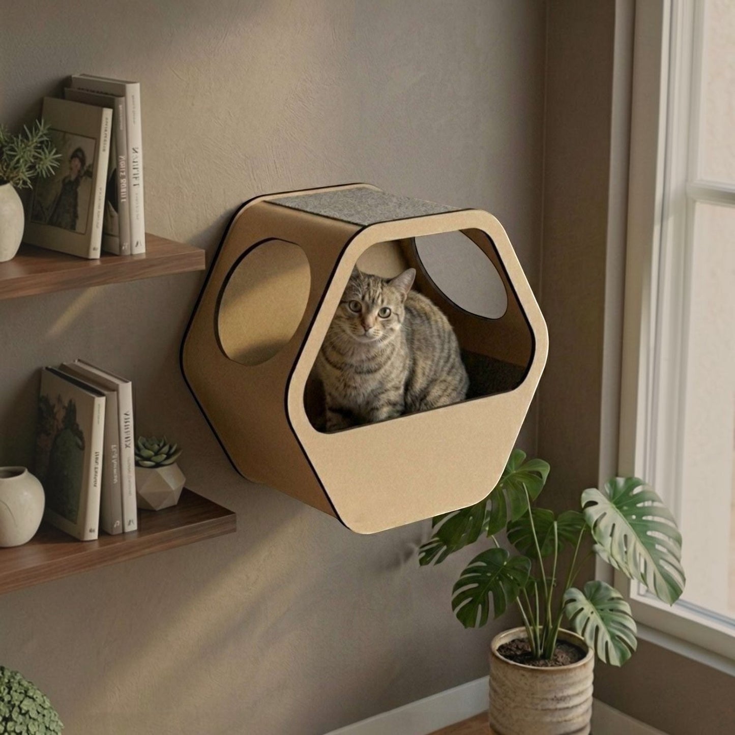 Cueva A Hexagonal para Gatos — Fijación a Pared Madera MDF — Mdf | Gatitud Colombia