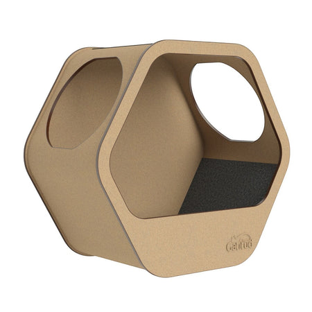 Gatitud Store hexagonal wall-mounted cat condo made of MDF with two openings and a dark grey felt floor.