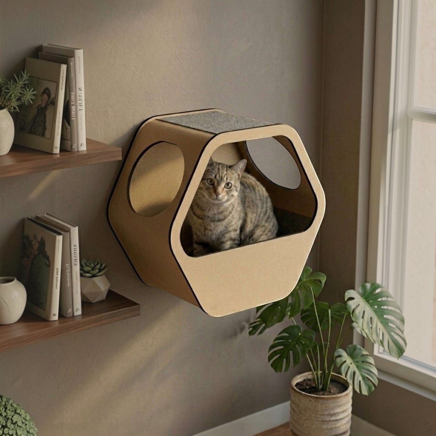 Cueva A Hexagonal para Gatos — Fijación a Pared Madera MDF — Mdf | Gatitud Colombia