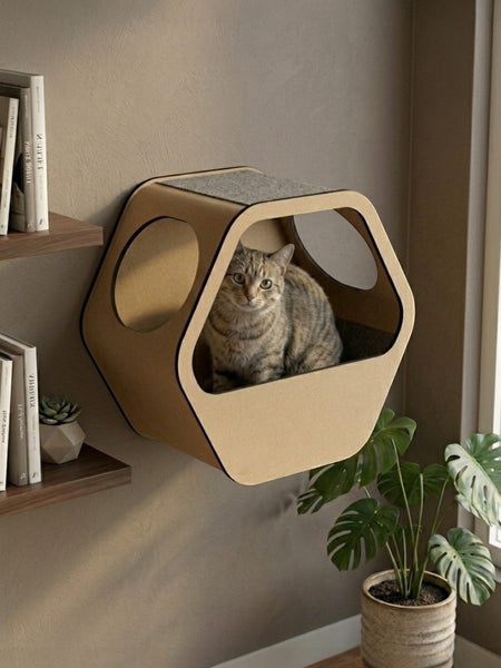 Gatitud Store hexagonal wall-mounted cat condo made of light brown MDF with grey felt top, featuring a tabby cat inside.