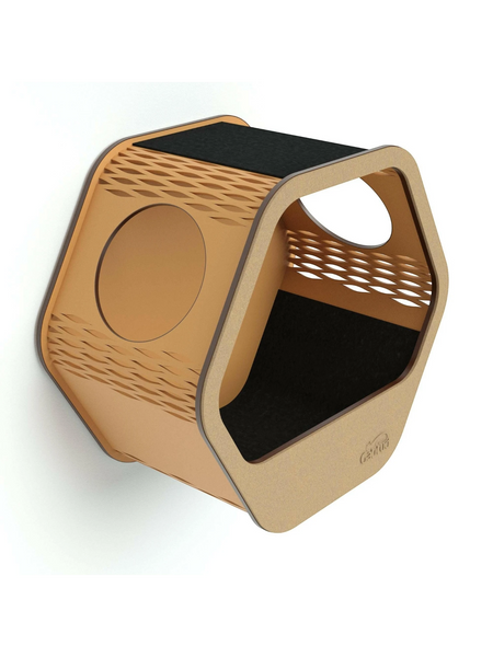 Gatitud Store hexagonal wooden cat condo with black carpeted base and decorative cutouts, wall-mounted.
