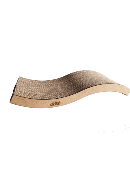Gatitud Store horizontal corrugated cardboard cat scratcher with wooden edges, 3-in-1 design for scratching, resting, and play.