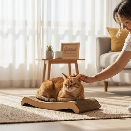 Gatitud Store horizontal cat scratching lounge made of corrugated cardboard and wood, with an orange tabby cat resting on it.