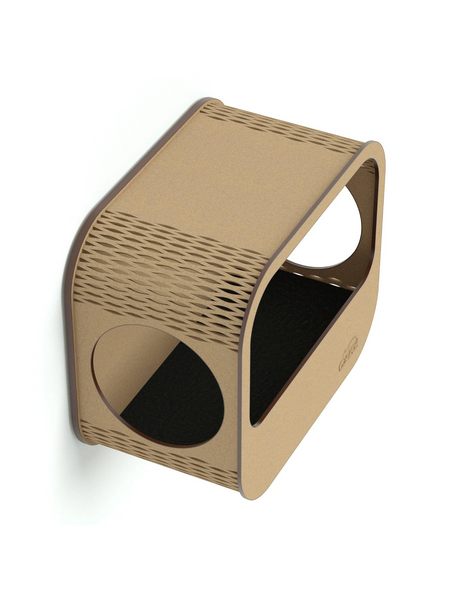Gatitud Store modern wall-mounted cat condo made of light brown wood with two entry holes and a black interior.