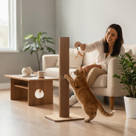 Gatitud Store modern cat scratching post made of natural sisal rope with a woman playing with her cat.