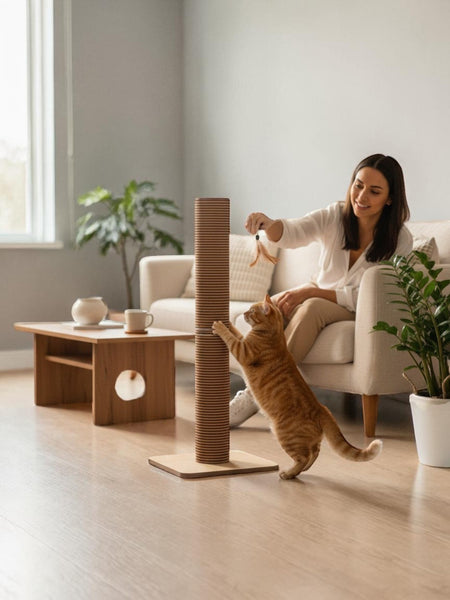 Gatitud Store modern cat scratching post made of natural sisal rope with a woman playing with her cat.