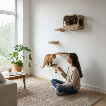 Gimnasio para Gatos de Pared COMBO D — Estantes y Cueva Madera MDF — Madera | Gatitud Colombia