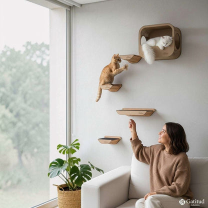 Gimnasio para Gatos de Pared COMBO D — Estantes y Cueva Madera MDF — Mdf | Gatitud Colombia