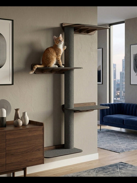 Gatitud Store modern grey wall-mounted cat tree with multiple levels and sisal post, featuring a ginger cat lounging.
