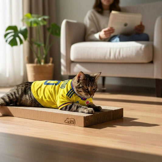 Gatitud Store: Gato atigrado con camiseta amarilla de fútbol sobre rascador de cartón corrugado.