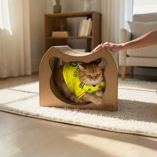 Gato atigrado con camiseta de fútbol dentro de un rascador túnel de cartón corrugado de Gatitud Store en una sala.