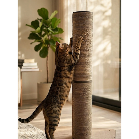 Gatitud Store round cat scratching post tower made of durable cardboard and wood base, 70cm high.