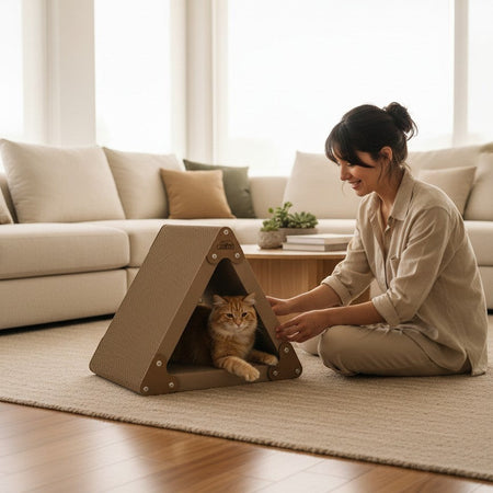 Gatitud Store triangular corrugated cardboard cat scratcher house with orange tabby cat inside. Woman kneeling beside it.