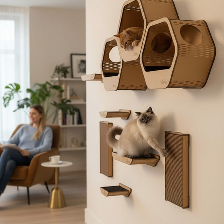 Gatitud Store wall-mounted cat gym with honeycomb shelves, perches, and scratching posts. Made of MDF.
