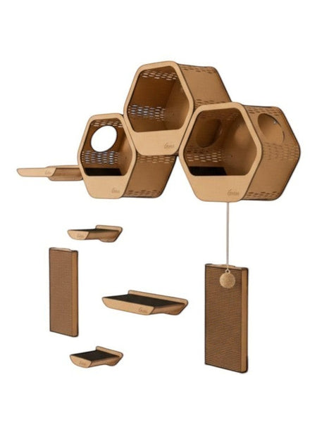 Gatitud Store wall-mounted cat gym with hexagonal perches and scratching posts made of MDF and cardboard.