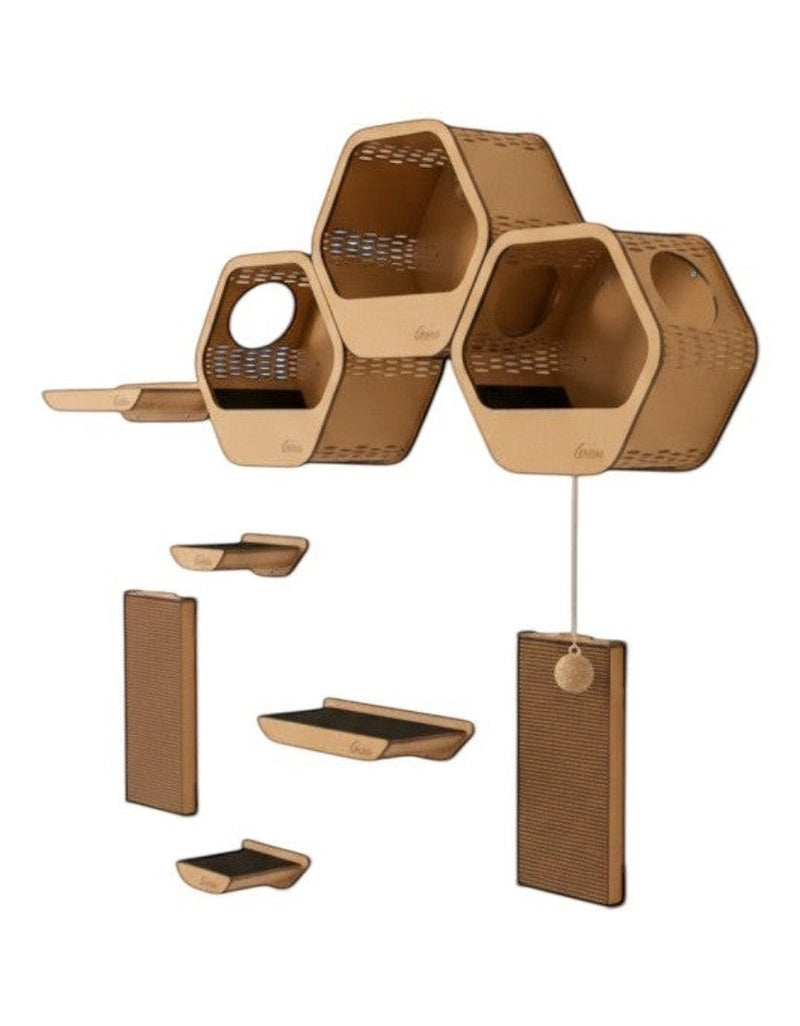 Gatitud Store wall-mounted cat gym with hexagonal perches and scratching posts made of MDF and cardboard.