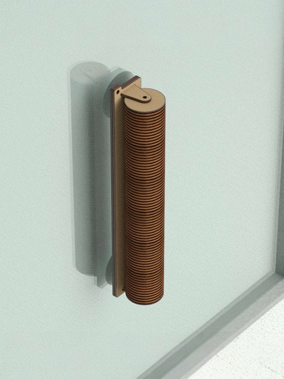 Gatitud Store wall-mounted cat scratcher, cylindrical, natural wood, ribbed texture, 35cm height, space-saving design.