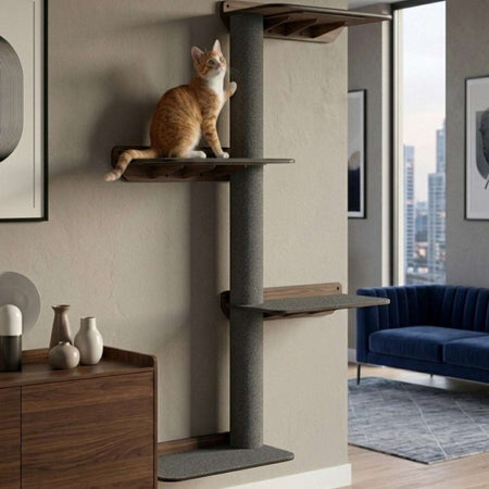 Gatitud Store wall-mounted cat tree with multiple platforms and scratching post, grey fabric and wood finish.