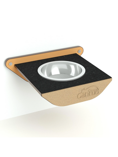 Gatitud Store wall-mounted cat feeding station with stainless steel bowl, made of wood composite with laminate finish.