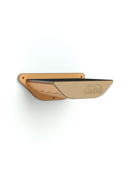 Gatitud Store wall-mounted cat feeding station, wood composite with laminate finish and stainless steel bowl.