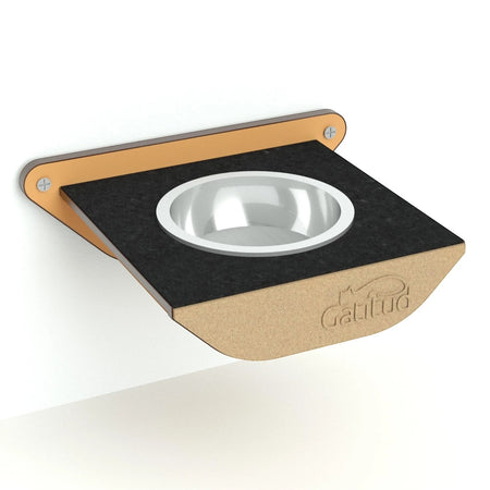 Gatitud Store wall-mounted wooden cat feeding station with grey felt insert and stainless steel bowl.