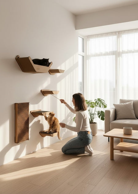 Gatitud Store modern wall-mounted cat furniture set with platforms, hideaway, and scratching post. Natural wood finish.