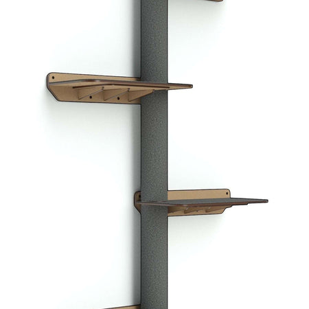 Gatitud Store wall-mounted cat gym with multiple grey platforms and scratching post, made of wood and durable fabric.