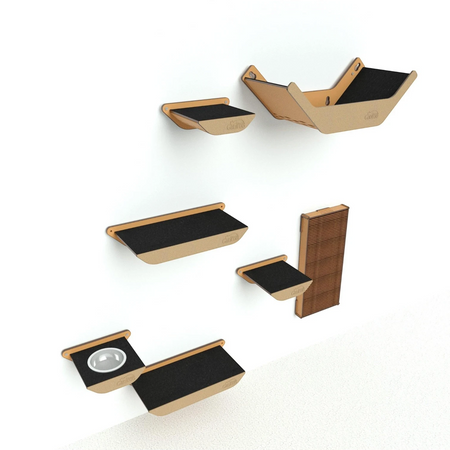 Gatitud Store wall-mounted cat gym with wooden MDF platforms, scratching post, and feeding station.
