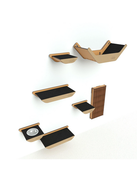 Gatitud Store wall-mounted cat gym with wooden MDF platforms, scratching post, and feeding station.