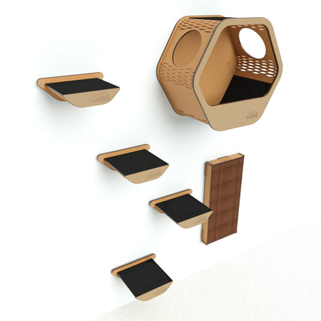 Gatitud Store wall-mounted cat gym with hexagonal hideaway, steps, and scratching post. Natural wood and black.