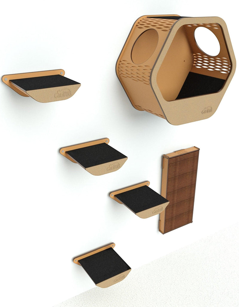 Gatitud Store wall-mounted cat gym with hexagonal hideaway, steps, and scratching post. Natural wood and black.