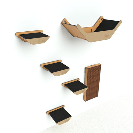 Gatitud Store wall-mounted cat gym with wooden steps and a scratching post, perfect for small spaces.